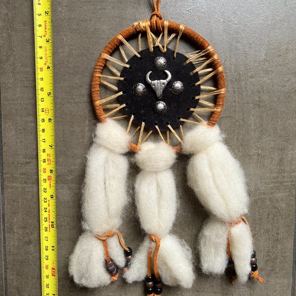 Vintage 13 Inch Dream Catcher Wool Feathers Beaded Longhorn Steer Wall Decor - Picture 5 of 7